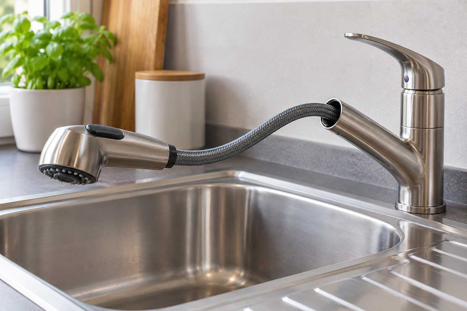 Douchette extractible légèrement sortie de son support au-dessus d’un évier