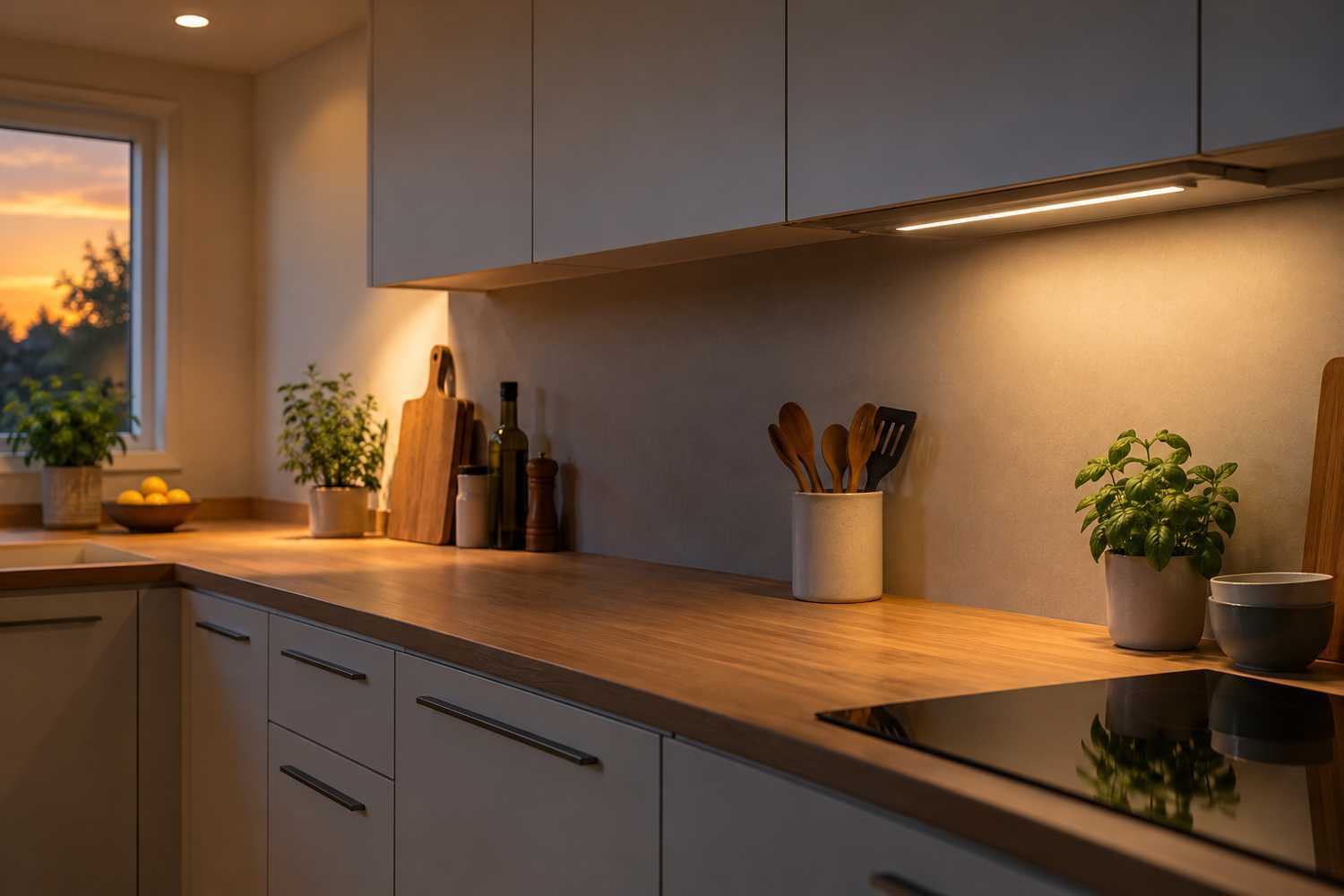 Éclairage sous les meubles hauts d’un plan de travail de cuisine