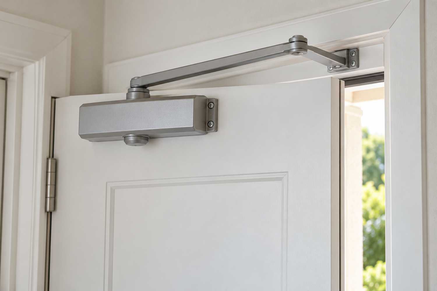 Ferme-porte à bras installé sur une porte d’entrée