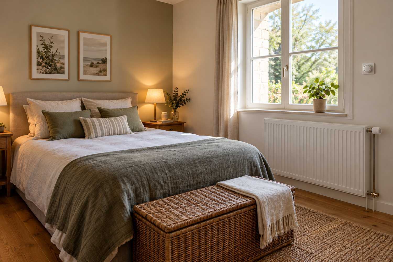 Chambre d’amis avec radiateur dégagé et commande murale