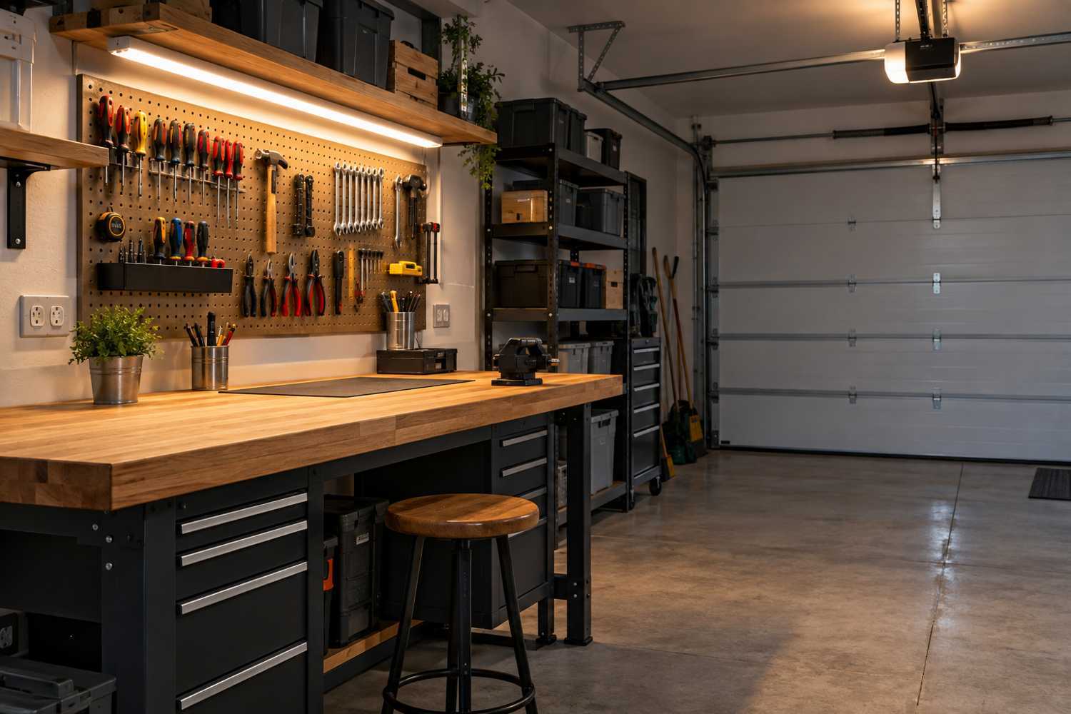 Établi de garage éclairé avec prises et porte en arrière-plan