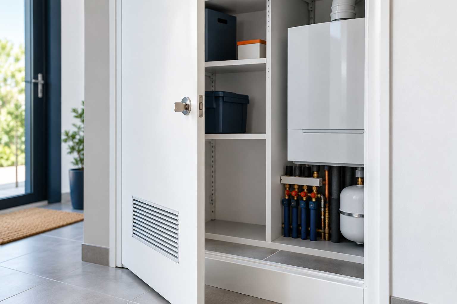 Fermeture d’un placard technique avec accès et ventilation dégagés.