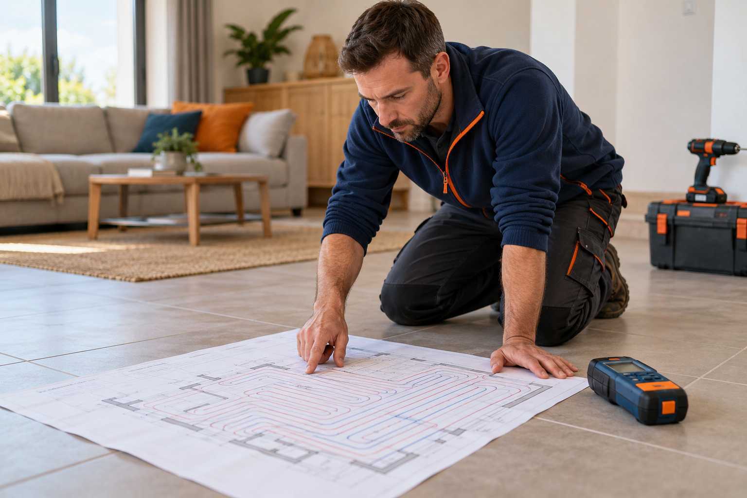 Vérification d’un parcours de plancher chauffant avant perçage