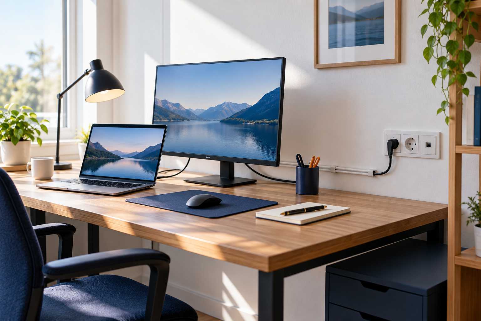 Bureau de télétravail avec prises accessibles et câbles organisés.