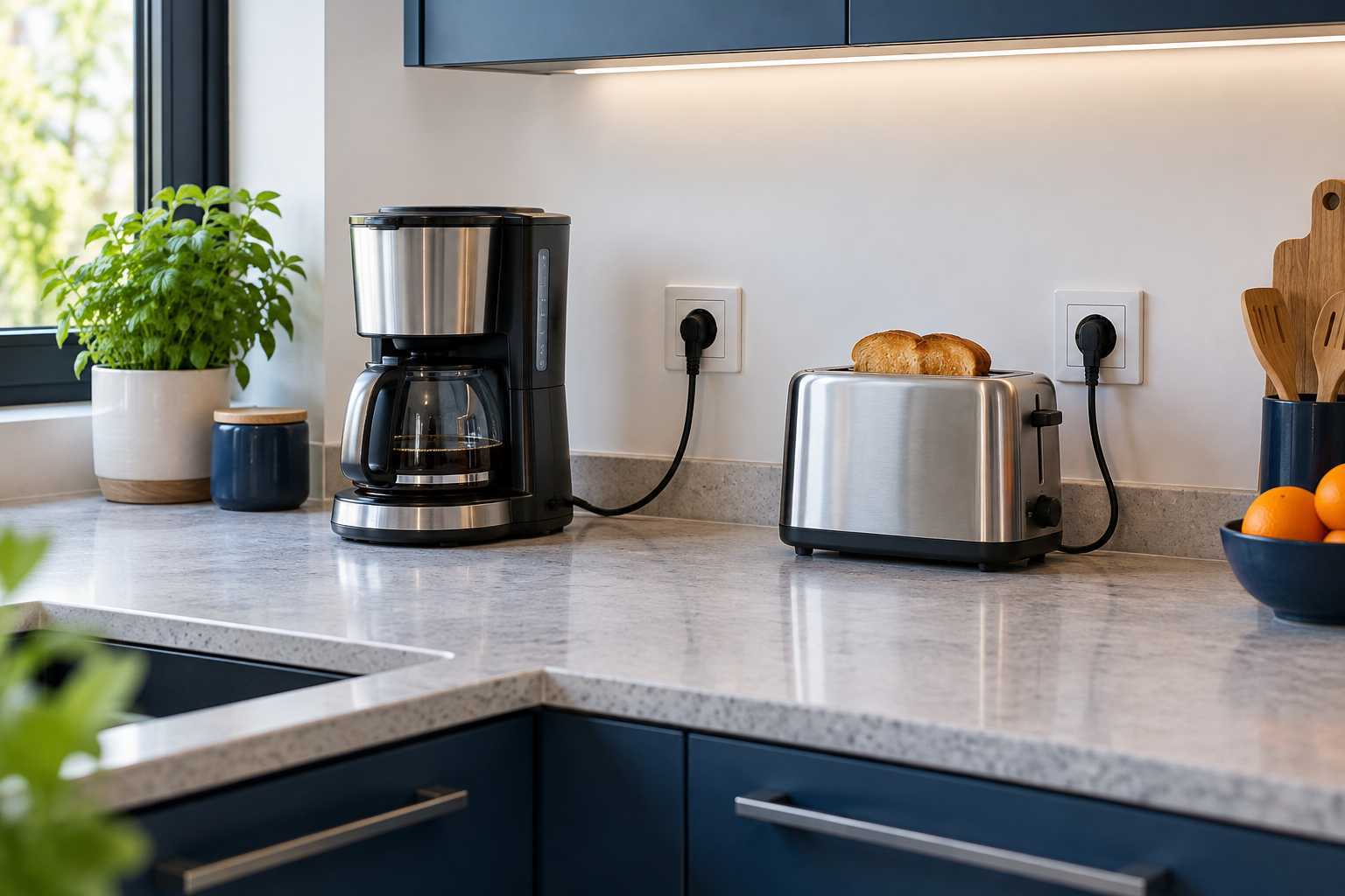 Prises accessibles et petits appareils sur un plan de travail de cuisine.