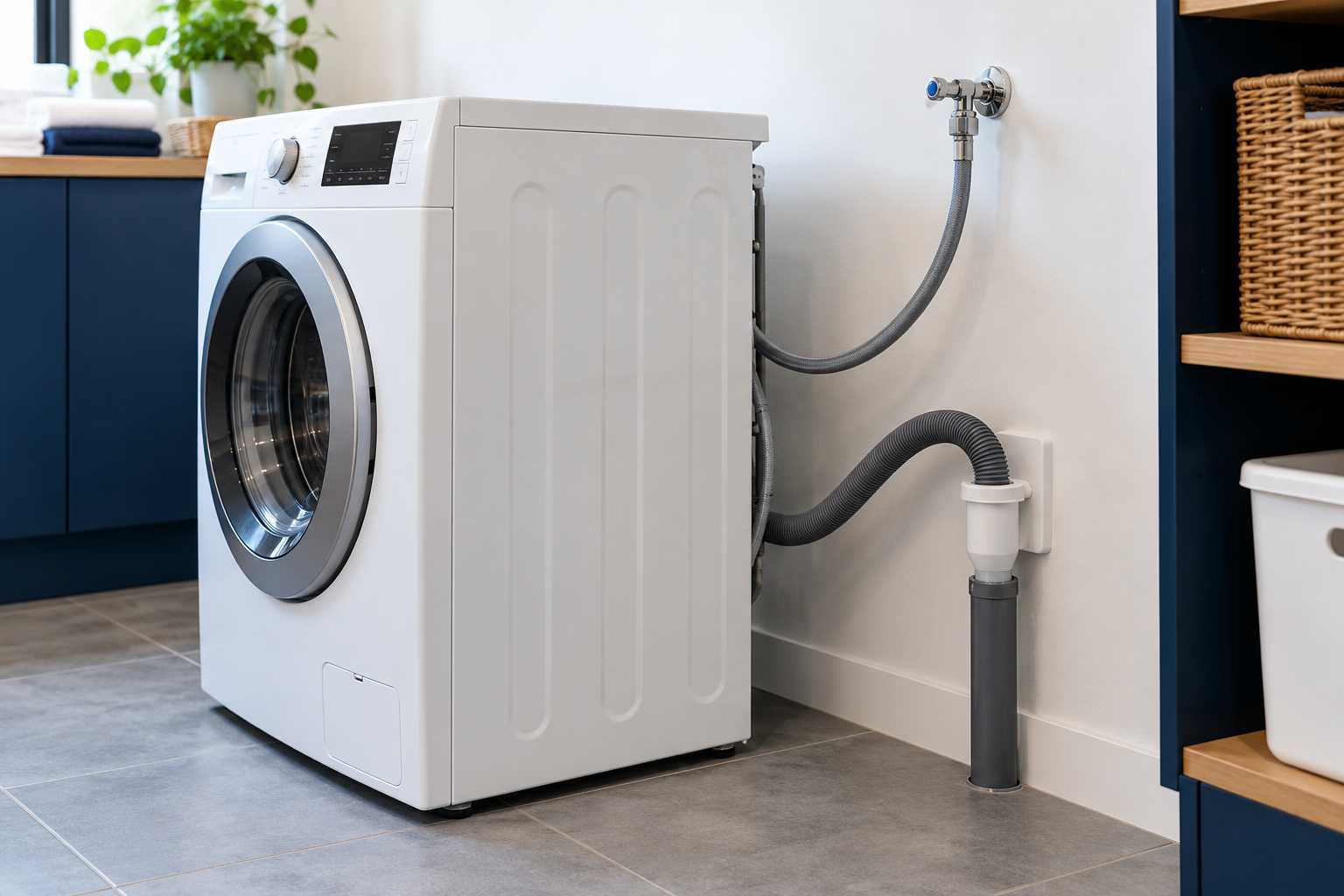 Arrivée d’eau accessible et évacuation dédiée d’un lave-linge.