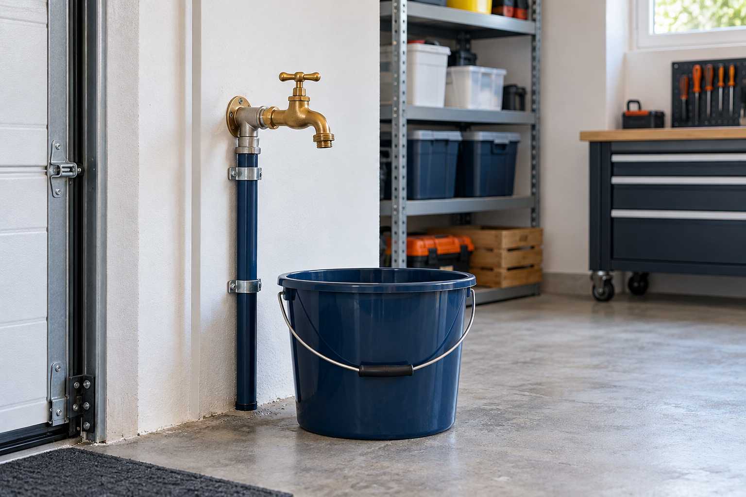 Robinet de puisage accessible dans un garage, avec un récipient pour l’usage prévu.
