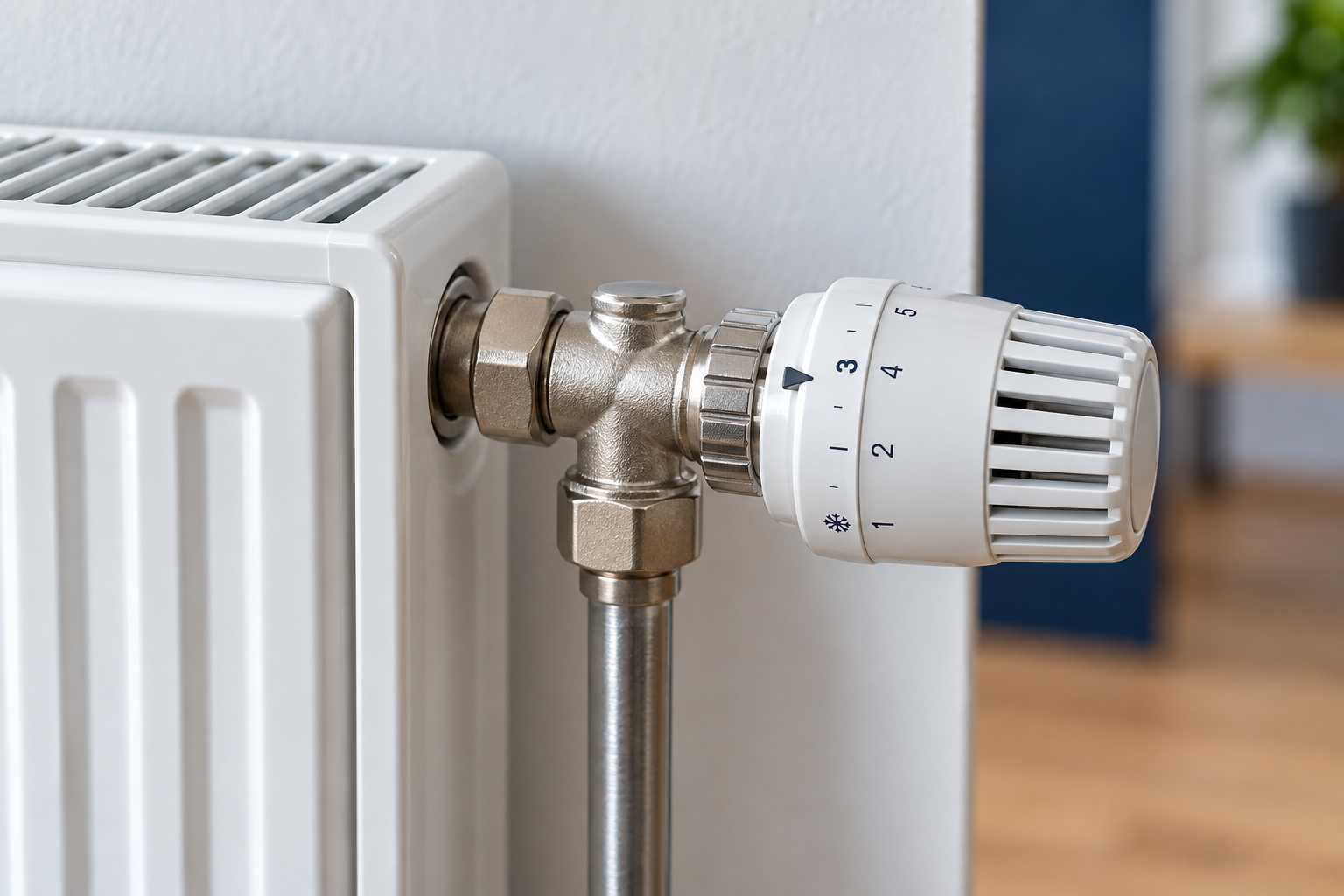 Tête thermostatique et corps du robinet d’un radiateur à eau.