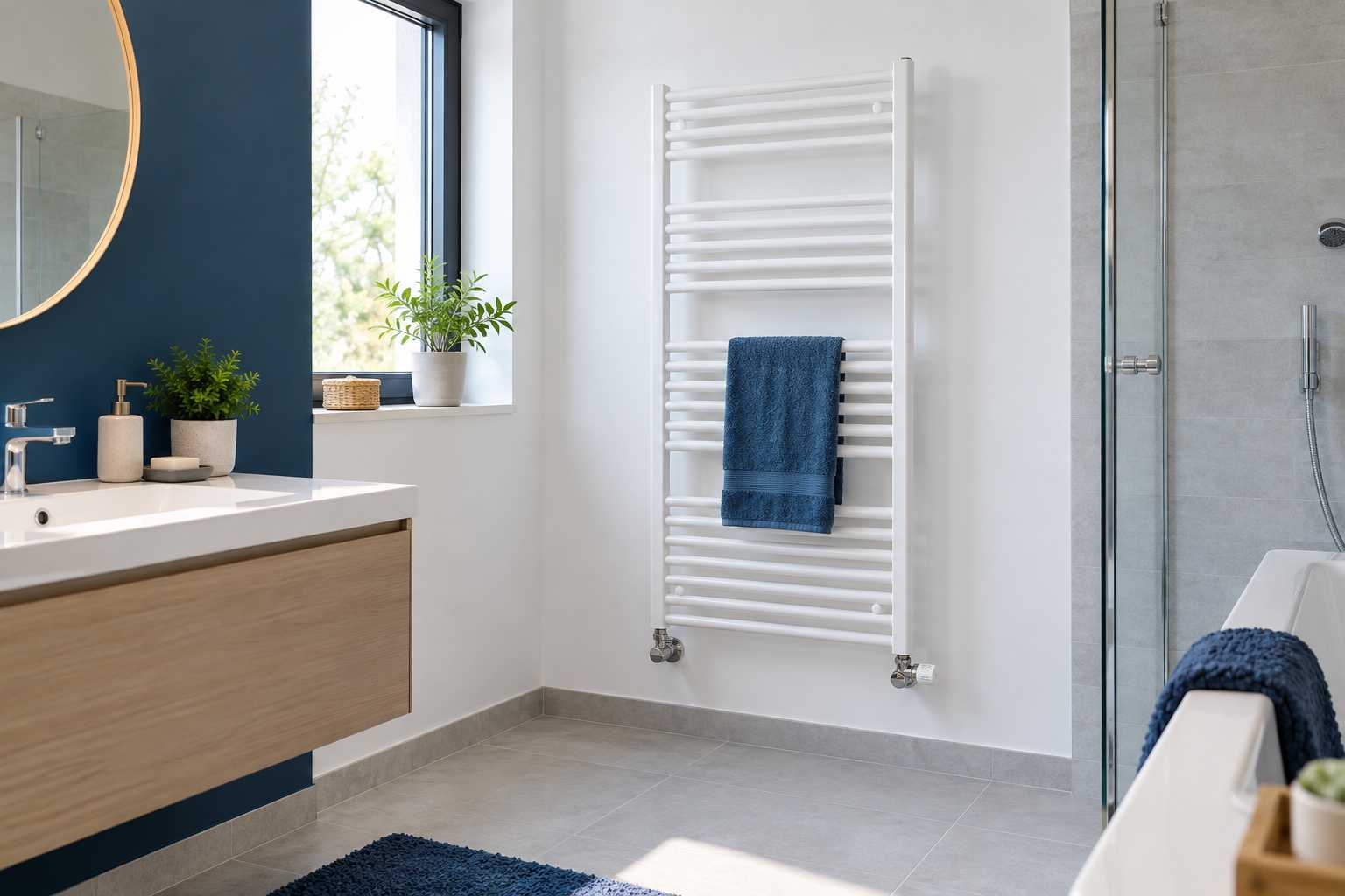 Sèche-serviettes et dégagements dans une salle de bains.
