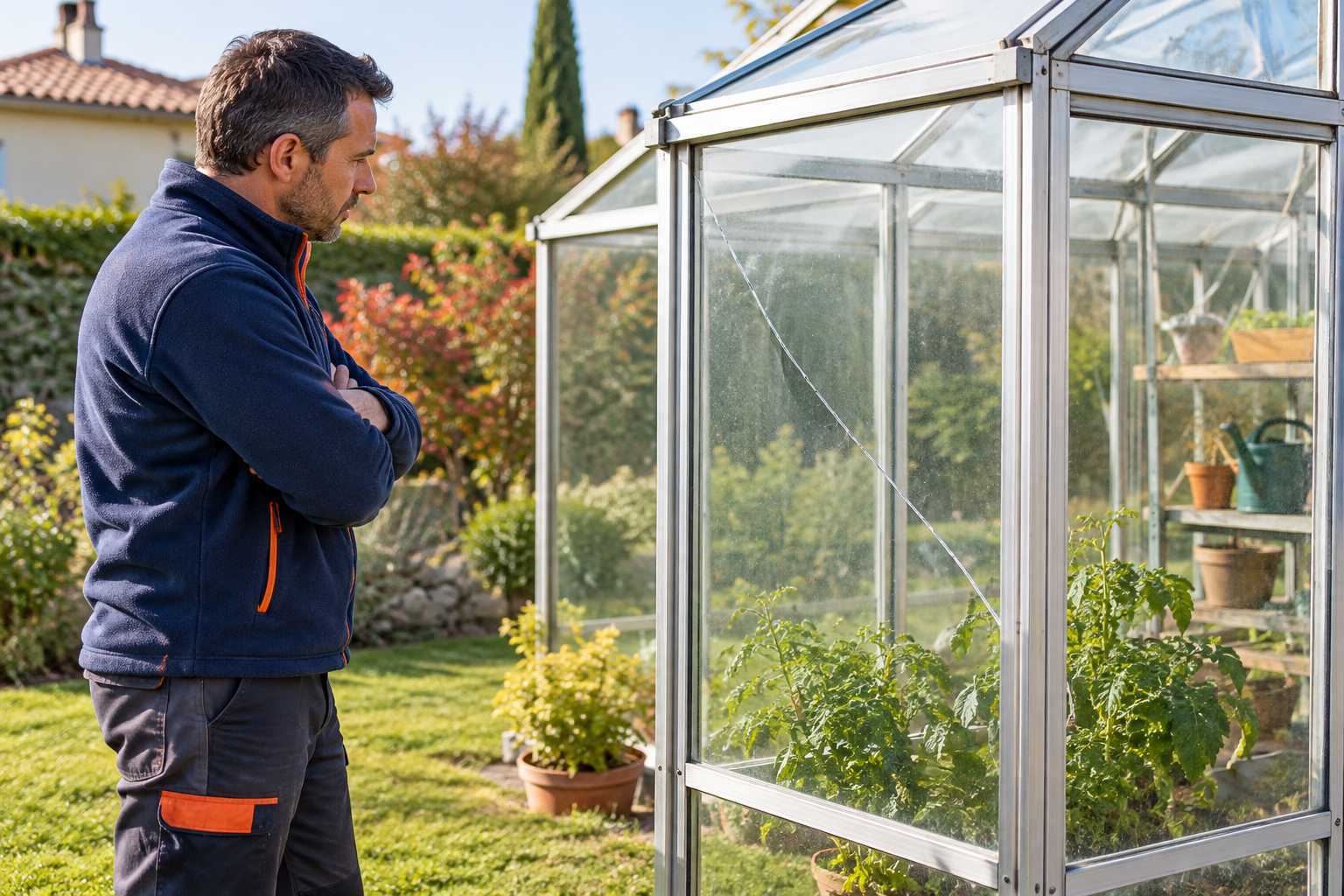 Repérage d’un vitrage endommagé sur une serre de jardin