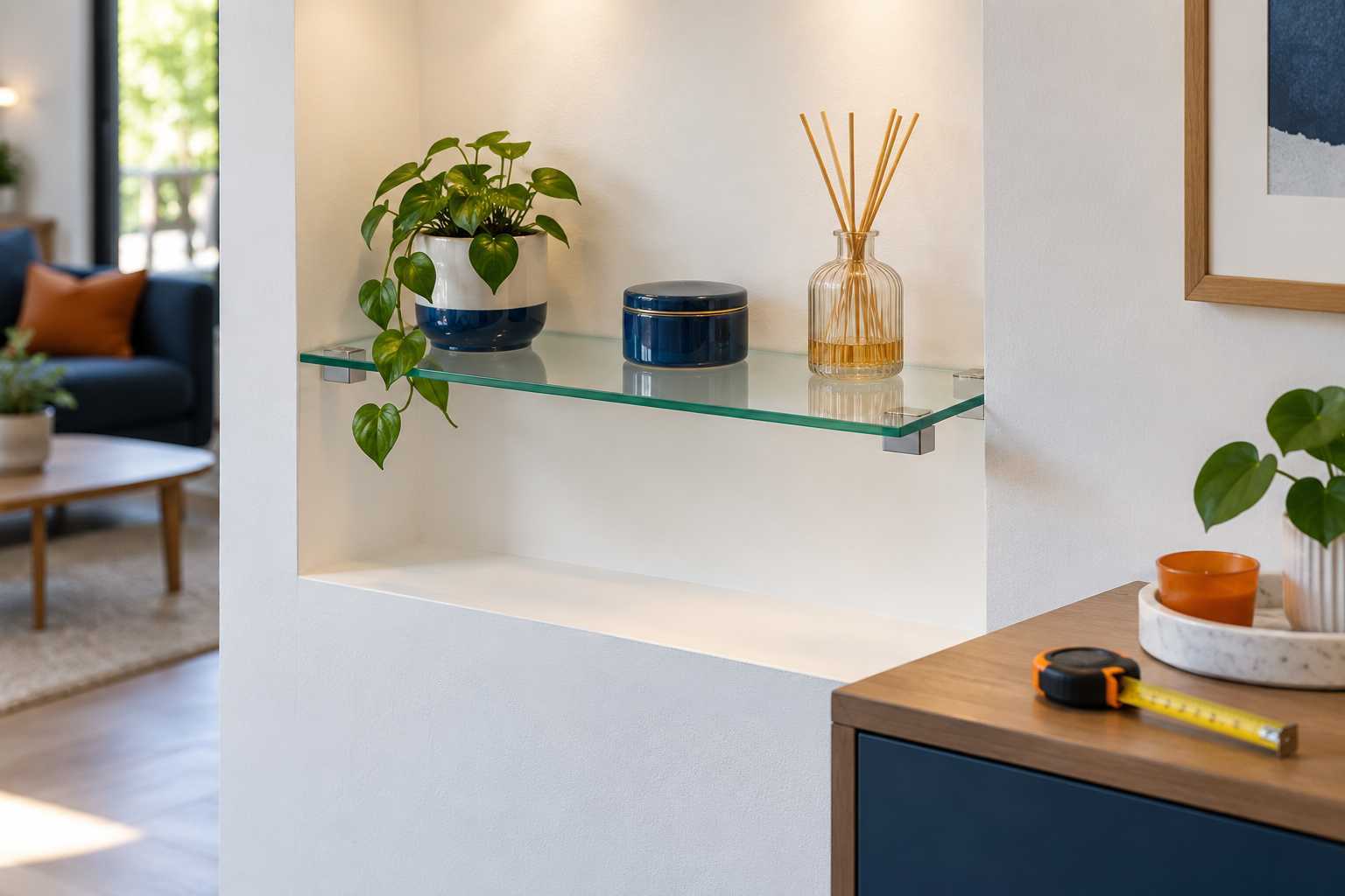 Tablette en verre dans une niche, avec appuis et bords visibles.