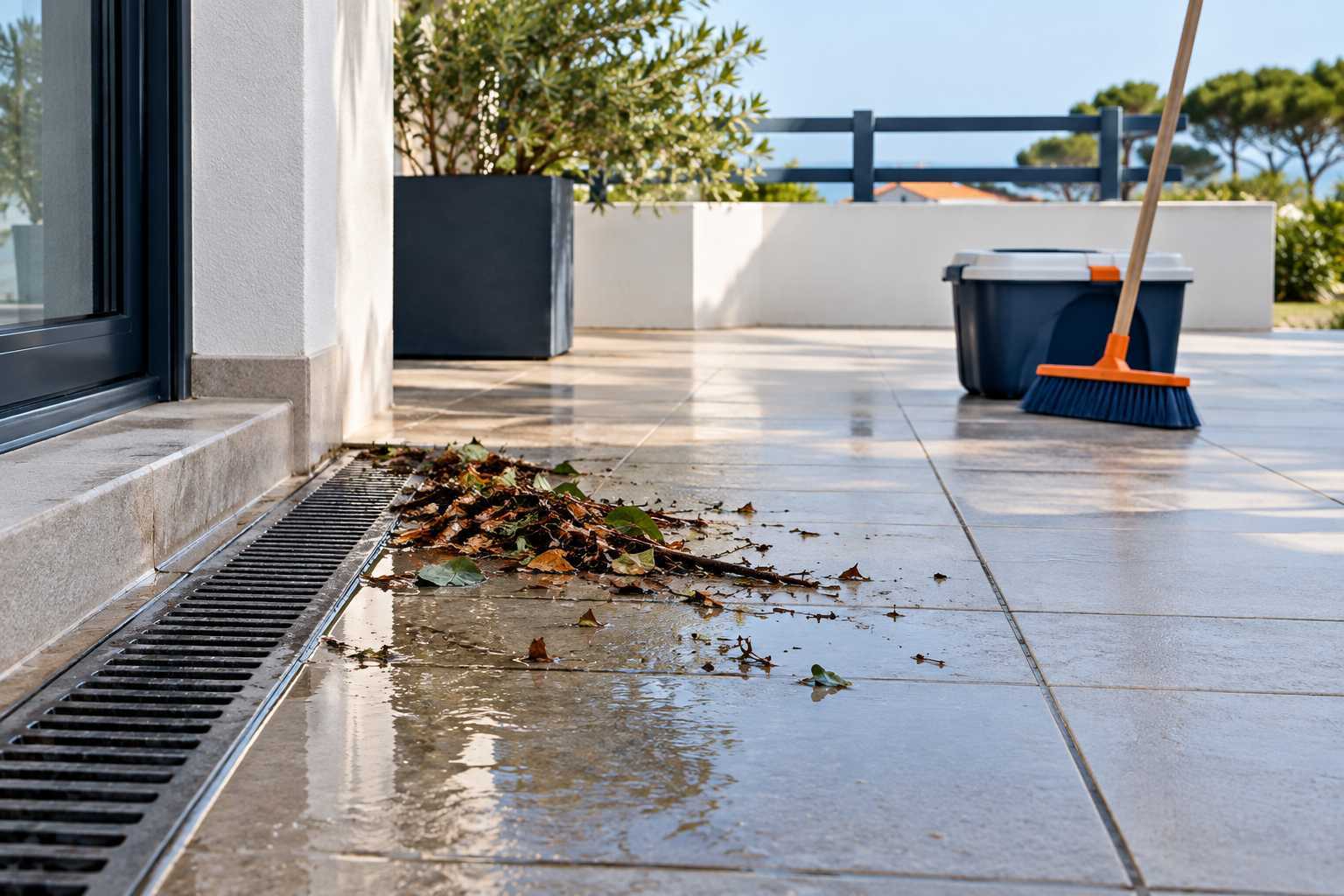 Zone de collecte d’une terrasse après nettoyage, avec matières à signaler au technicien.