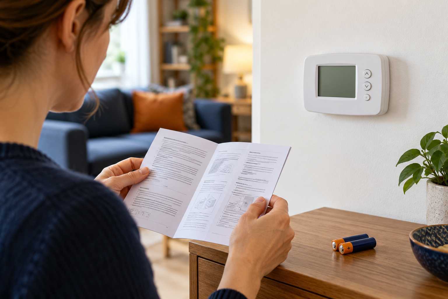 Thermostat à piles et notice préparés pour un contrôle utilisateur