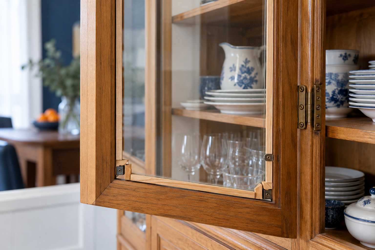 Verre de porte de meuble et éléments qui le maintiennent dans le cadre.