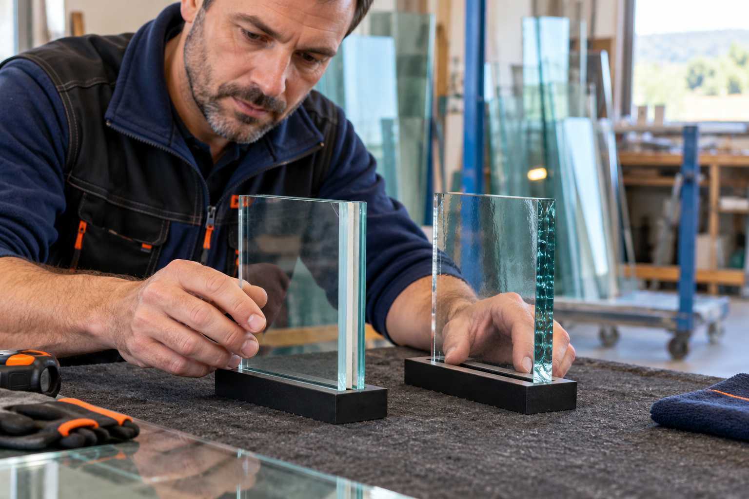 Échantillons de vitrages de sécurité à comparer avec un vitrier